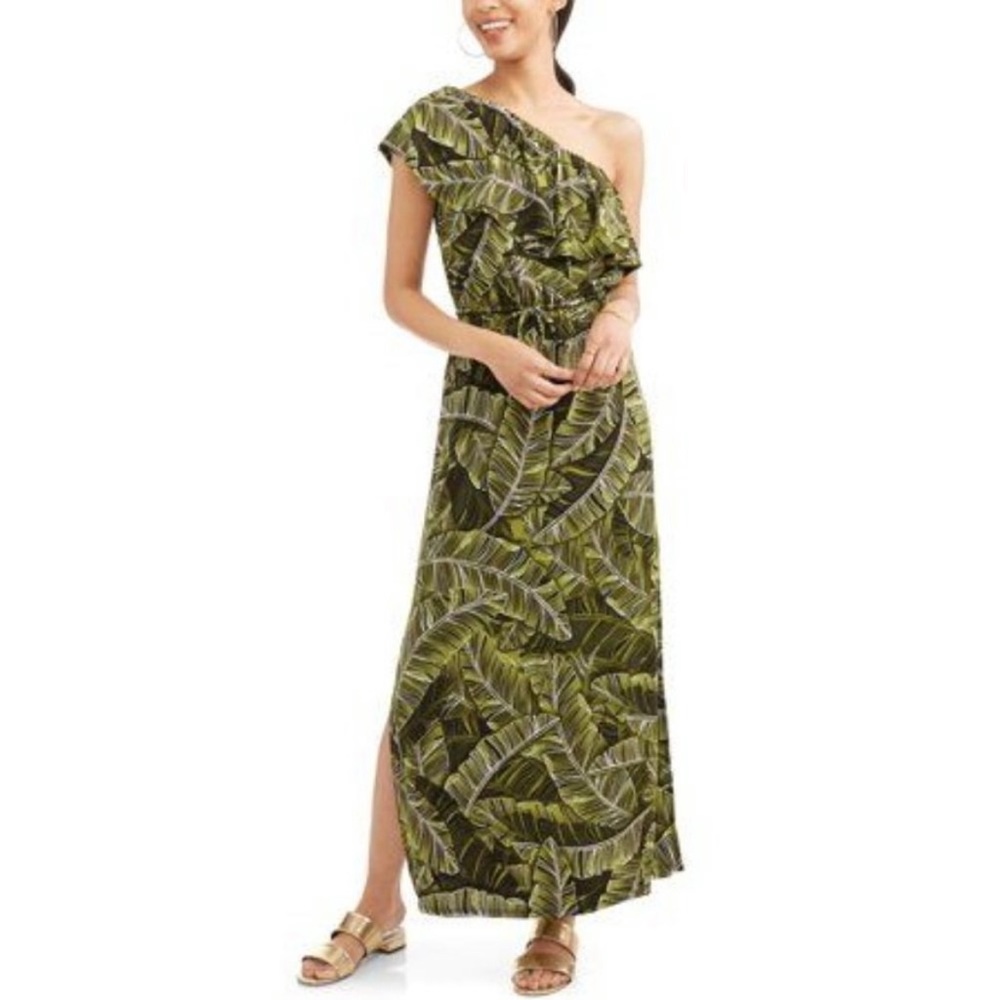 Harlow & Rose Dress Women's Small One Shoulder Green Tropical Palm Resortwear